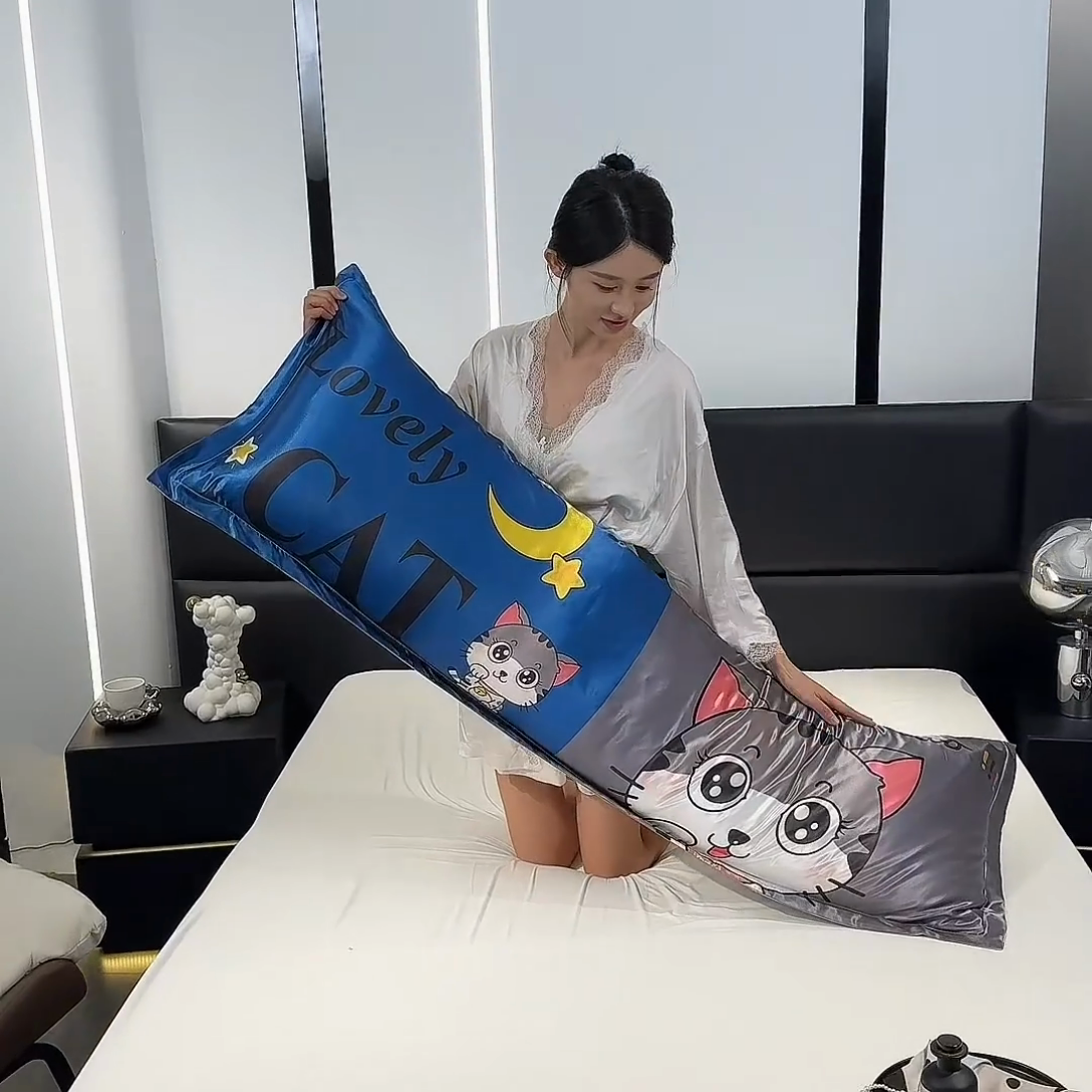 91家纺网 家纺一手货源 找家纺 梦舒羽 2025新款可水洗冰丝双人枕套凉爽情侣枕头套枕芯套 招财小猫