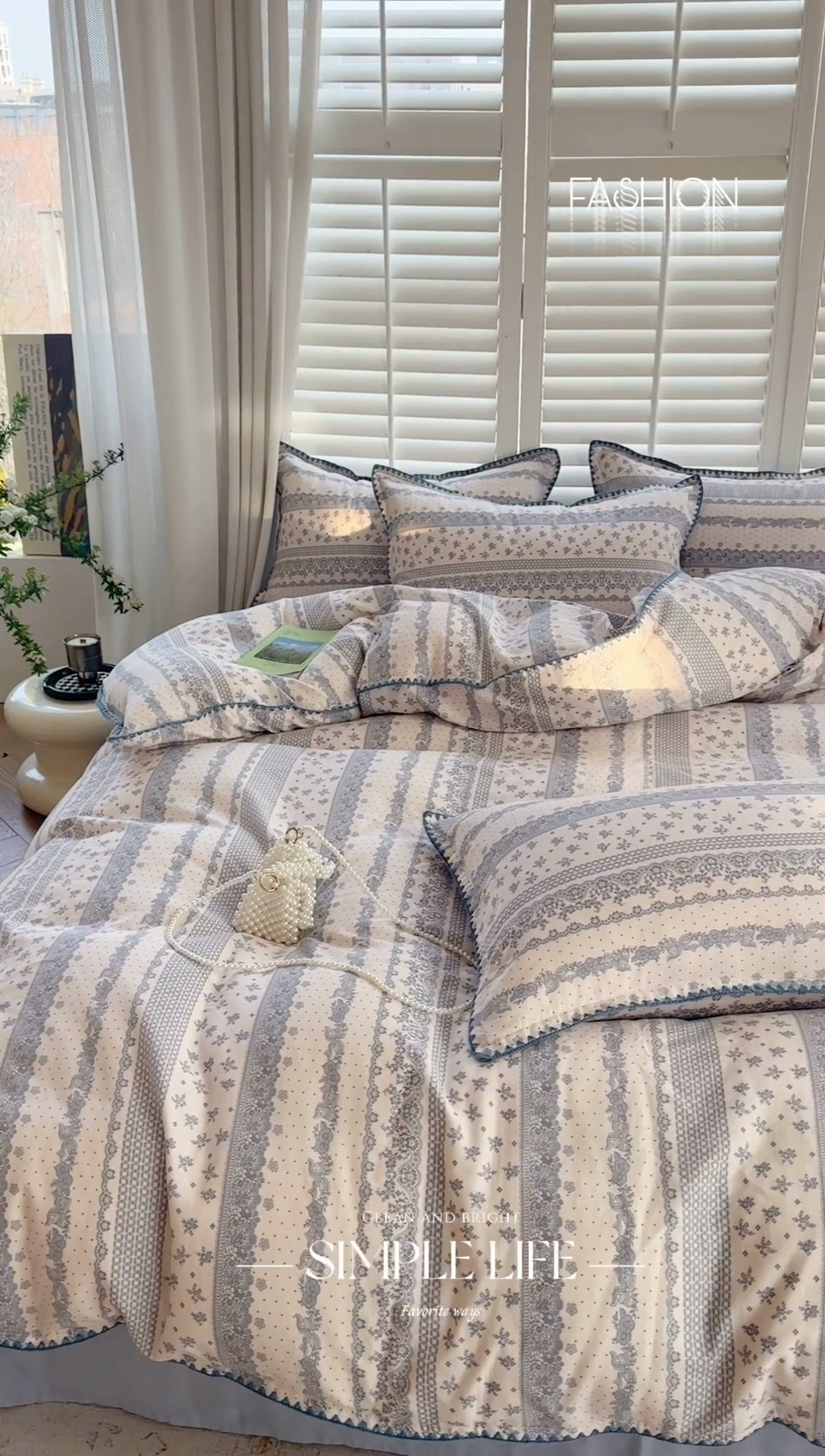 91家纺网 家纺一手货源 找家纺 金丝鸟家纺 2025新款全棉双层纱贝壳边四件套花卉系列 蓝色花纹