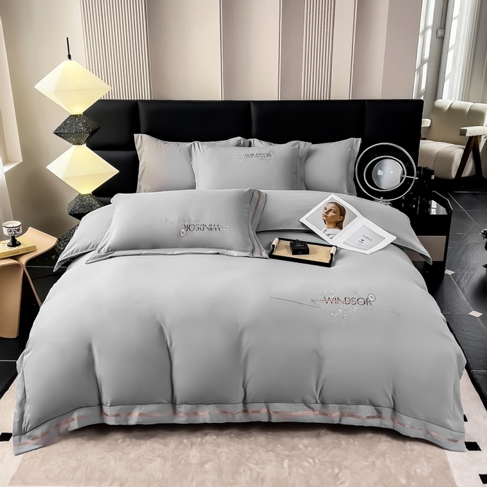 91家纺网 家纺一手货源 找家纺 曲之慕 2025新品四季款高端刺绣四件套简约可水洗轻奢纯色刺绣四件套 蒂尔高级灰