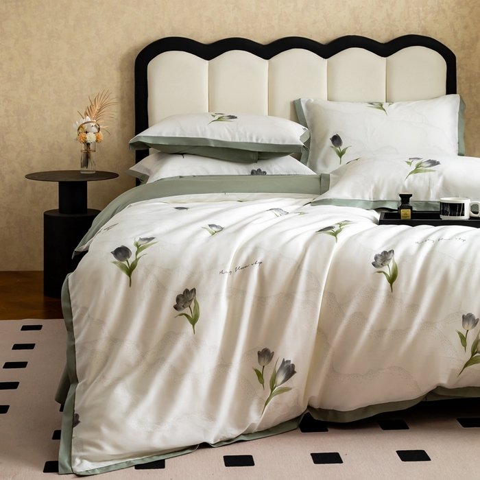 91家纺网 家纺一手货源 找家纺 金奇达2025新款【曼妙庄园】-轻氧水光天丝棉四件套（标准号全网控价（折后券后）不低于268） 玫瑰花语-森绿