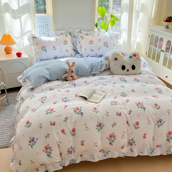 91家纺网 家纺一手货源 找家纺 雨帆家纺2025新款水洗棉印花四件套 兔兔花园