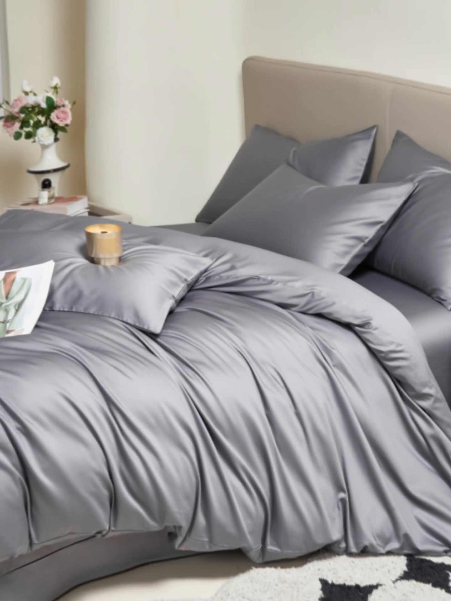 91家纺网 家纺一手货源 找家纺 闲鱼家纺 2025新款亲肤舒适60S黑标A类全棉纯色四件套单被套单床笠-风格一 远山灰