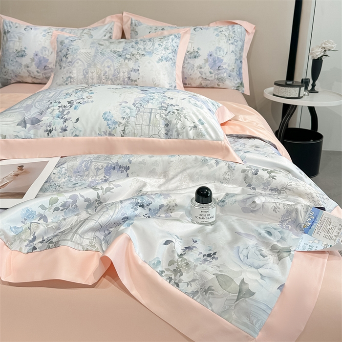 91家纺网 家纺一手货源 找家纺 笙意家纺 2025新款水洗冰丝数码印花拼角宽边夏被 素瑾