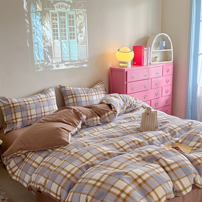 91家纺网 家纺一手货源 找家纺 2025新款全棉有氧双层纱四件套-简约系列 格调-蓝