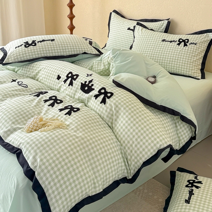 91家纺网 家纺一手货源 找家纺 米可2025新款水洗棉绣花花边款四件套 蝴蝶结-绿