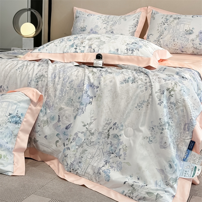 91家纺网 家纺一手货源 找家纺 笙意家纺 2025新款水洗冰丝数码印花拼角宽边夏被 素瑾