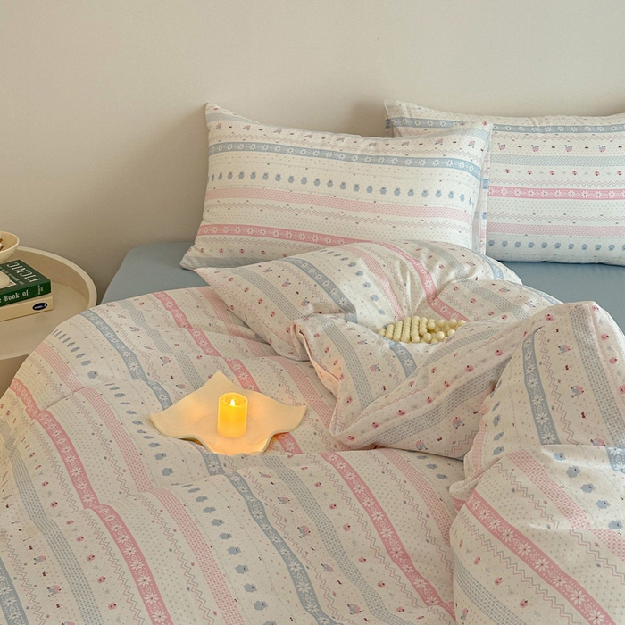 91家纺网 家纺一手货源 找家纺 塞纳 2026新款.全棉有氧双层纱四件套-场景二-觅可-粉