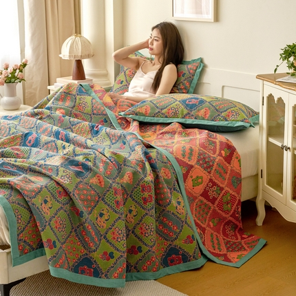 棠薇家纺 2025新款全棉彩纱双层纱夏被三层纱多功能毛巾被纱布毯细纱床盖 熊宝贝-绿