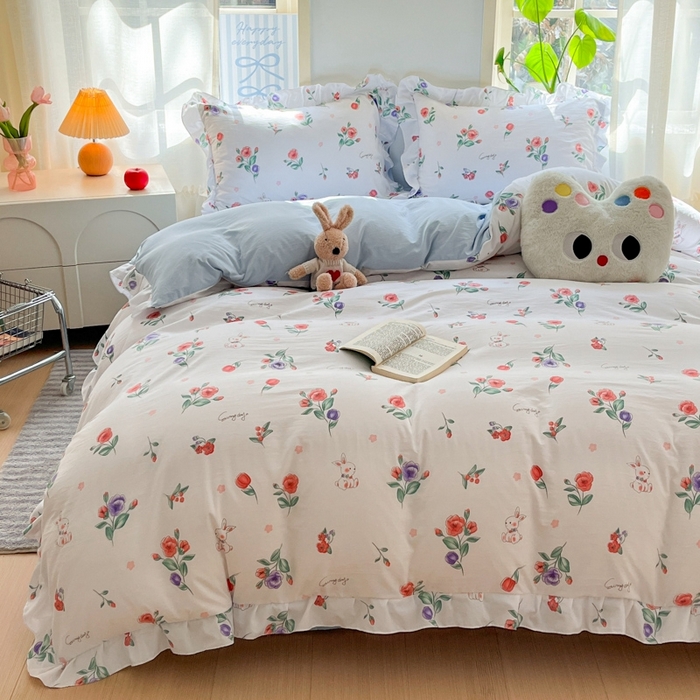 91家纺网 家纺一手货源 找家纺 雨帆家纺2025新款水洗棉印花四件套 兔兔花园