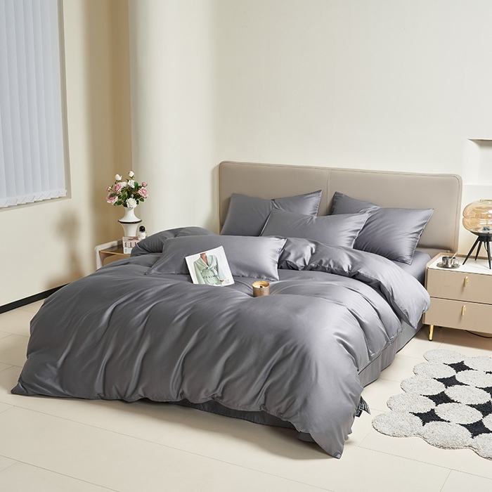 91家纺网 家纺一手货源 找家纺 闲鱼家纺 2025新款亲肤舒适60S黑标A类全棉纯色四件套单被套单床笠-风格一 远山灰