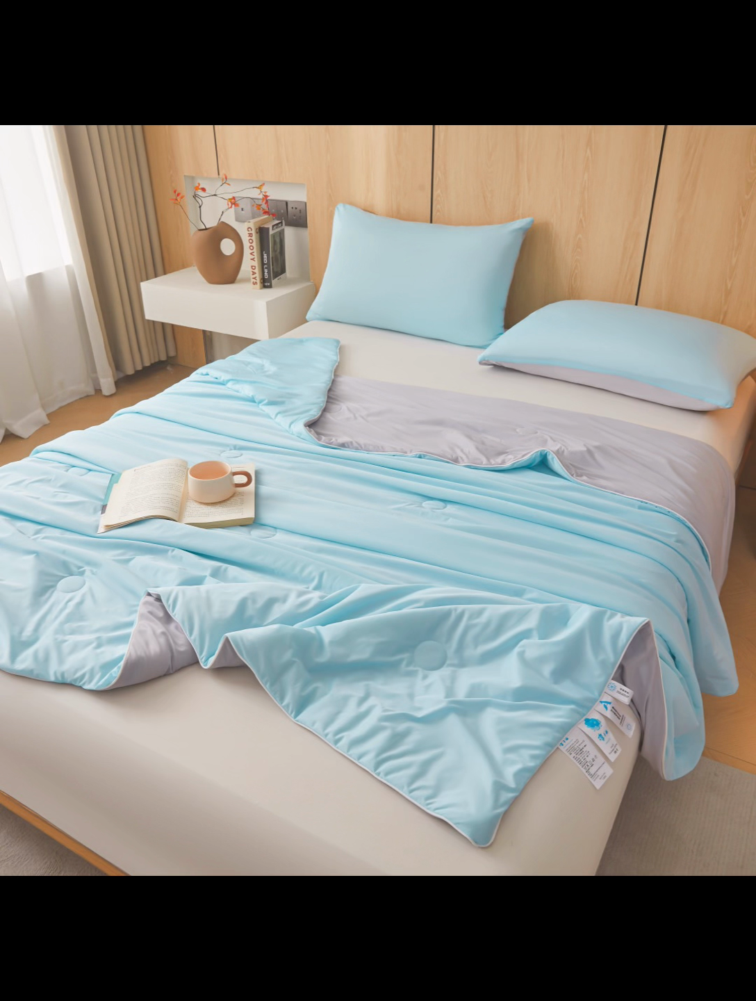 91家纺网 家纺一手货源 找家纺 居易简 2025新款夏被空调被A类云母氨纶凉感丝夏凉被（可供外贸跨境）  雾兰+山灰