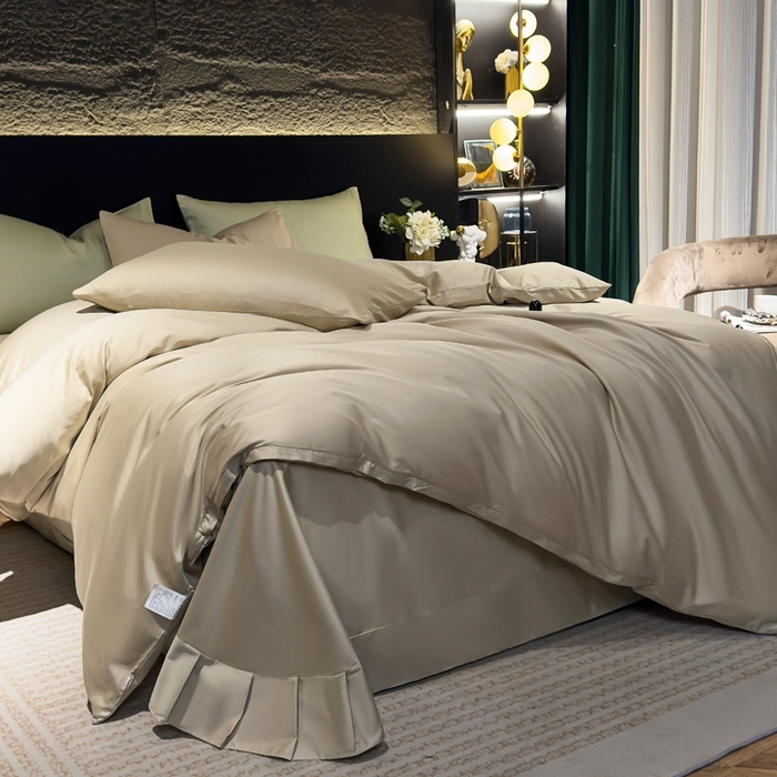 91家纺网 家纺一手货源 找家纺 氧家2025新款60支全棉贡缎纯色四件套 香槟金