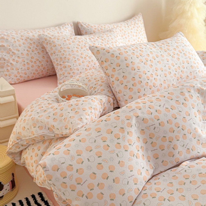 91家纺网 家纺一手货源 找家纺 塞纳 2026新款.全棉有氧双层纱四件套-场景二-大橘大利-桔