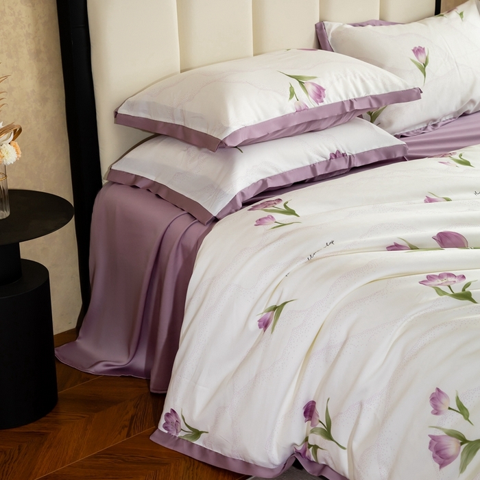 91家纺网 家纺一手货源 找家纺 金奇达2025新款【曼妙庄园】-轻氧水光天丝棉四件套（标准号全网控价（折后券后）不低于268） 玫瑰花语-魅紫