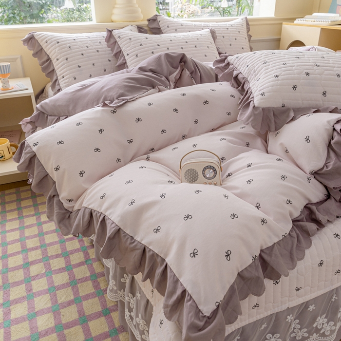 91家纺网 家纺一手货源 找家纺 珍爱家纺 2025新款A类针织棉双层纱夹棉床盖床裙花边单件三件四件套米亚