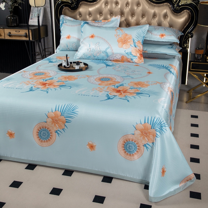 91家纺网 家纺一手货源 找家纺 肖恩毯业 2025新款印花斜纹冰丝席三件套 青柠之夏