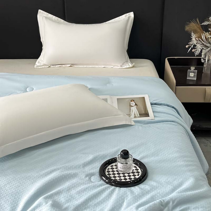 91家纺网 家纺一手货源 找家纺 鑫琪莱 2025新款提花花边大豆夏被夏凉被空调被 星海-蓝