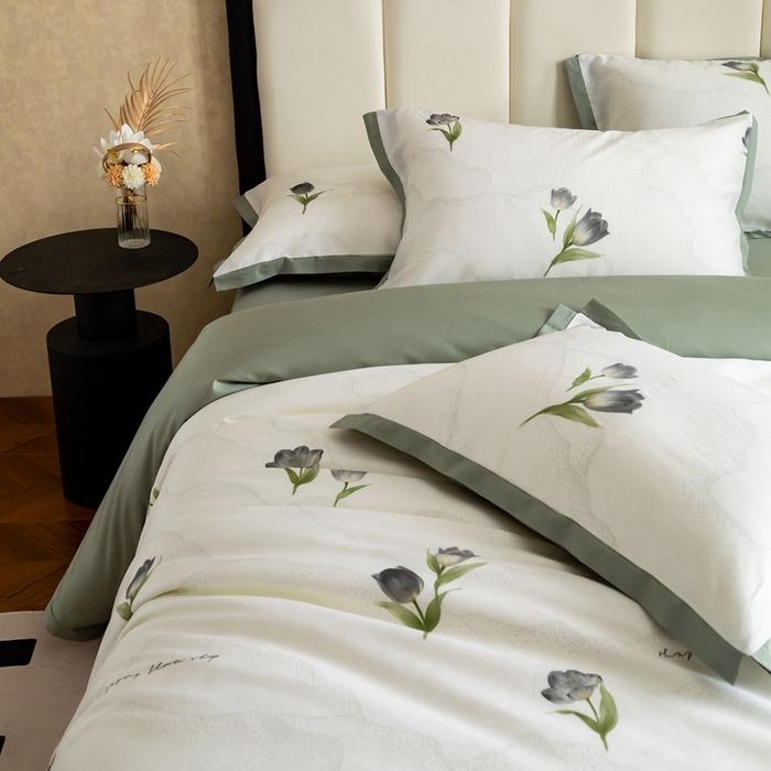 91家纺网 家纺一手货源 找家纺 金奇达2025新款【曼妙庄园】-轻氧水光天丝棉四件套（标准号全网控价（折后券后）不低于268） 玫瑰花语-森绿