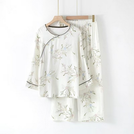 洛兰沙家居馆【只代发】【只代发】 2025新款国风竹纤维鸟语花香春夏女睡衣大码长袖长裤自带凉感休闲套装 ls1314