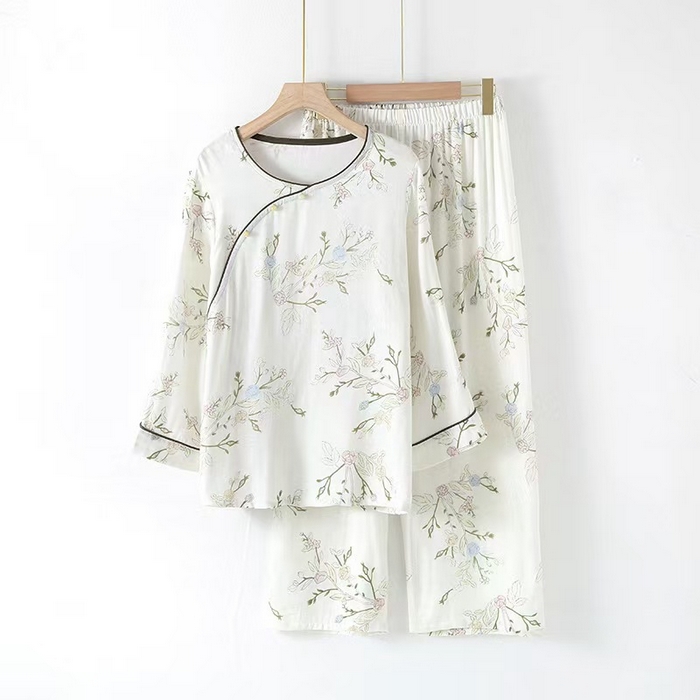 91家纺网 家纺一手货源 找家纺 洛兰沙家居馆【只代发】【只代发】 2025新款国风竹纤维鸟语花香春夏女睡衣大码长袖长裤自带凉感休闲套装 ls1314