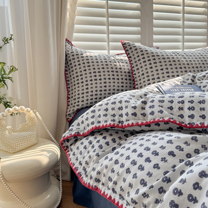 91家纺网 家纺一手货源 找家纺 金丝鸟家纺 2025新款全棉双层纱贝壳边四件套花卉系列 吉祥