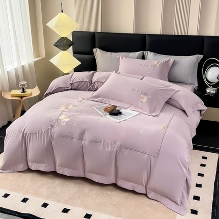 （总）曲之慕 2025新品四季款高端刺绣四件套简约可水洗轻奢纯色刺绣四件套--流光