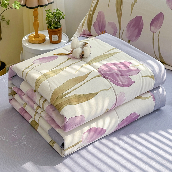 91家纺网 家纺一手货源 找家纺 欧夏家纺 2025新款里外全棉印花夏被100%新疆棉花 郁金香-紫