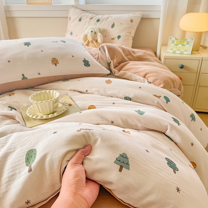 91家纺网 家纺一手货源 找家纺 2025新款40s全棉双层纱圆角吊边款四件套乐童-咖