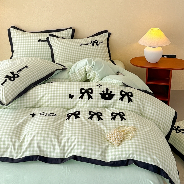 91家纺网 家纺一手货源 找家纺 米可2025新款水洗棉绣花花边款四件套 蝴蝶结-绿