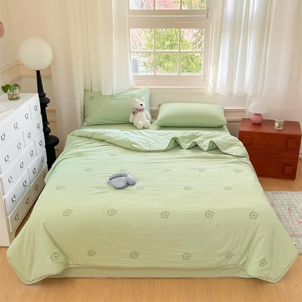 盛秋家纺 2026新款A类水洗棉刺绣夏被 灰绿花朵