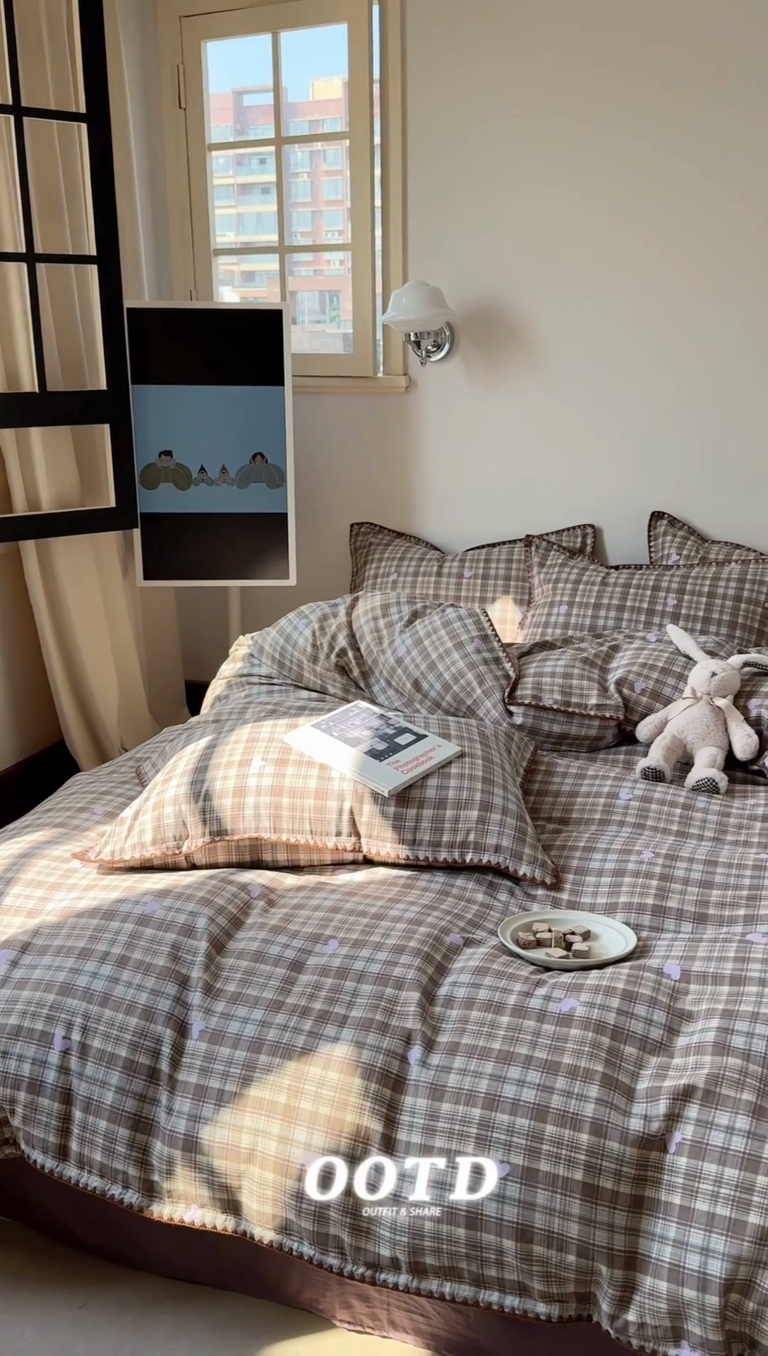 91家纺网 家纺一手货源 找家纺 金丝鸟家纺 2025新款全棉双层纱贝壳边四件套格子系列 复古棕格