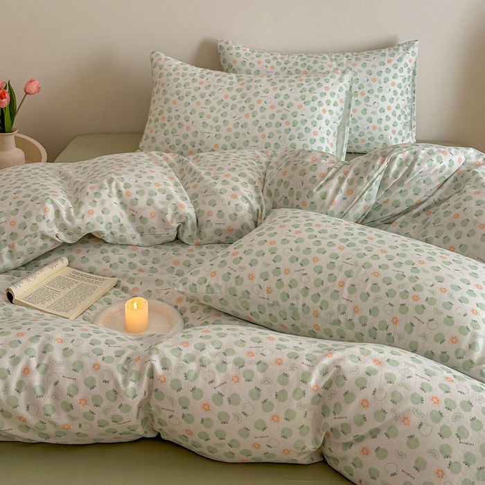 91家纺网 家纺一手货源 找家纺 塞纳 2026新款.全棉有氧双层纱四件套-场景二-大橘大利-绿