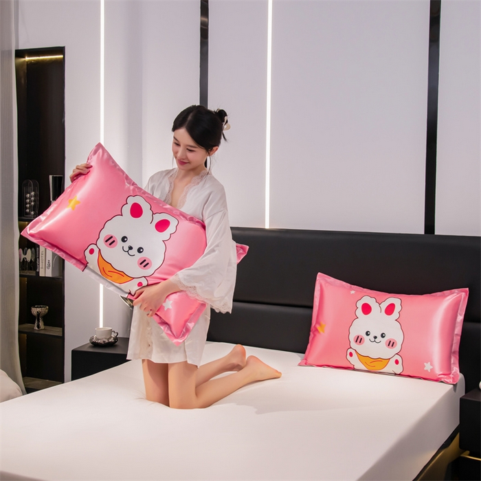 91家纺网 家纺一手货源 找家纺 梦舒羽 2025新款可水洗冰丝卡通枕套宿舍48x74cm单人凉爽枕头套 乖萌兔