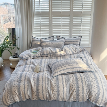 91家纺网 家纺一手货源 找家纺 （总）金丝鸟家纺 2025新款全棉双层纱贝壳边四件套花卉系列