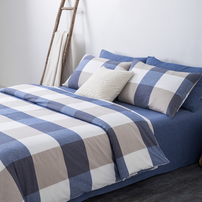 91家纺网 家纺一手货源 找家纺 玖弘家居 2025新款水洗棉单被套 蓝大格