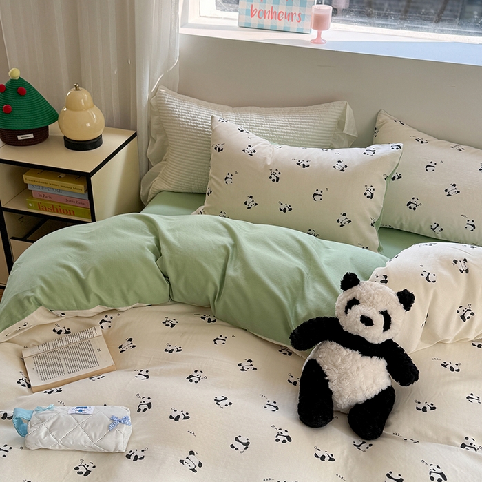 91家纺网 家纺一手货源 找家纺 2025新款全棉有氧双层纱四件套-卡通系列 熊猫仔仔