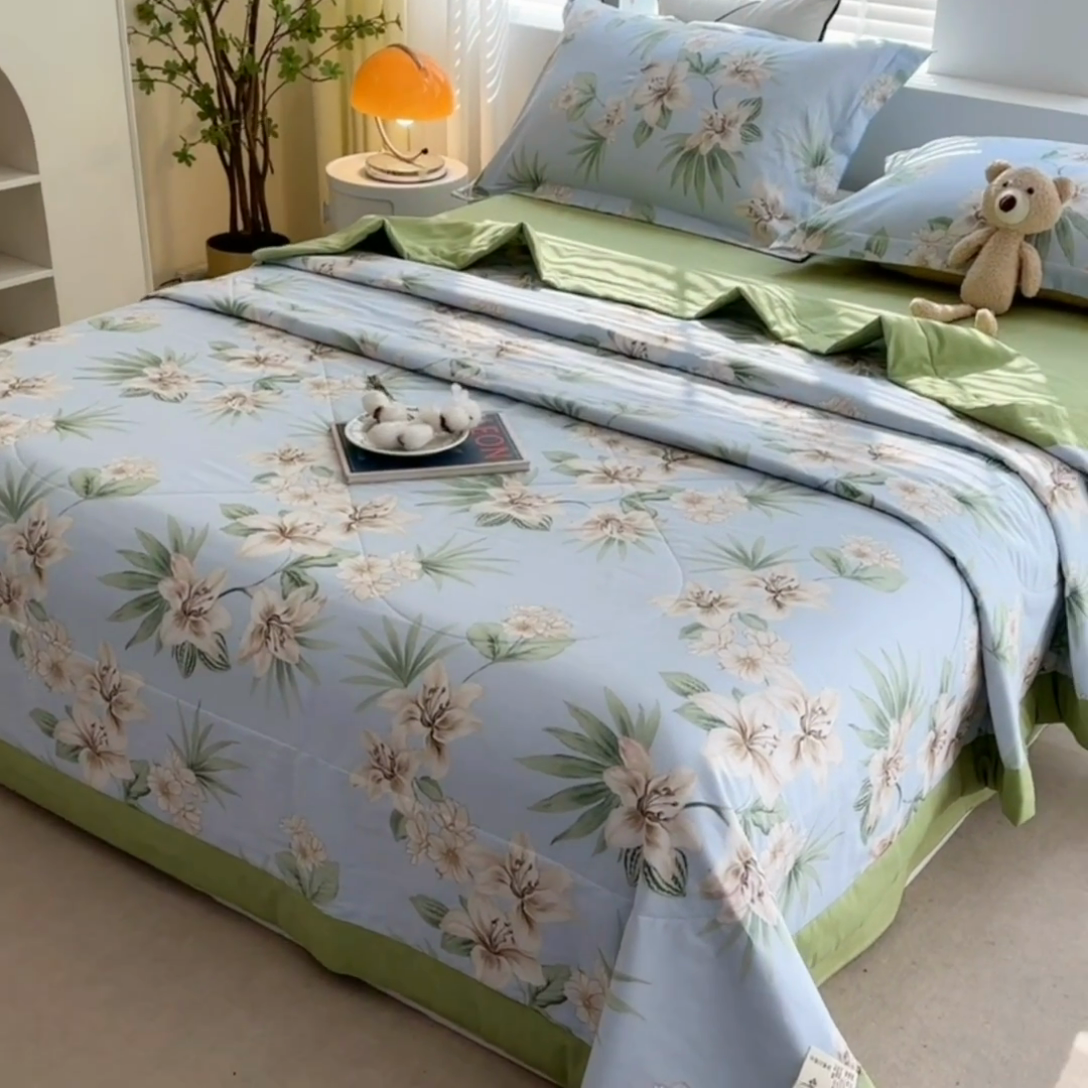 91家纺网 家纺一手货源 找家纺 欧夏家纺 2025新款里外全棉印花夏被100%新疆棉花 花涧水色