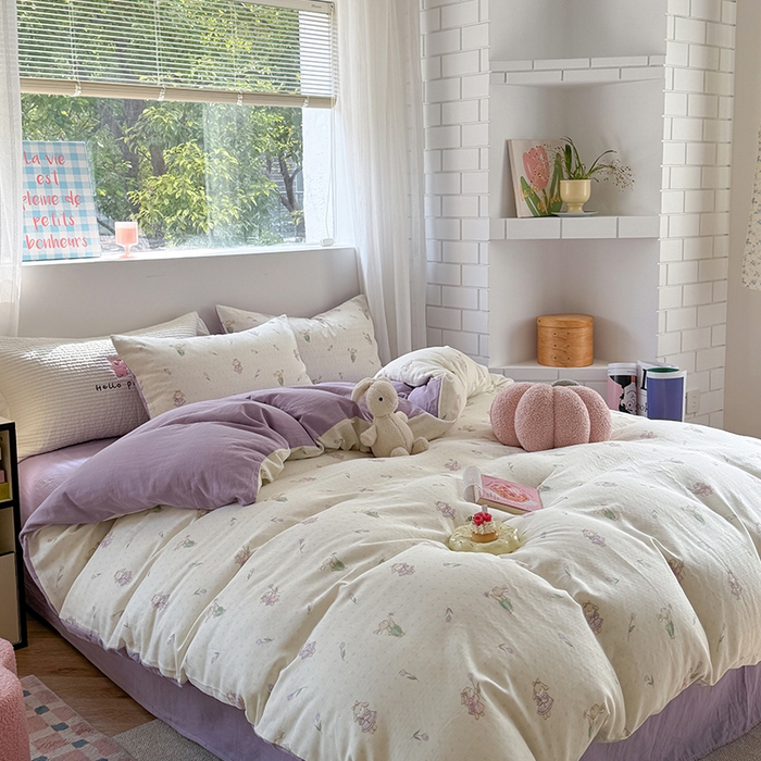 91家纺网 家纺一手货源 找家纺 2025新款全棉有氧双层纱四件套-卡通系列 郁金香甜兔