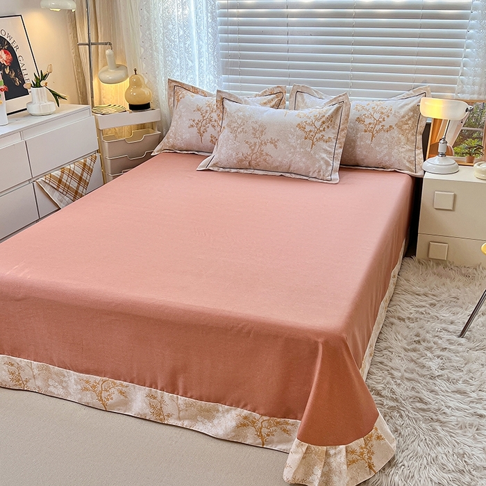 91家纺网 家纺一手货源 找家纺 简约家纺 2025新款全棉磨毛印花单品床单 沁语繁花-咖