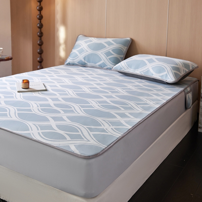 91家纺网 家纺一手货源 找家纺 千朵森 2025新款冰岛冰感丝床笠款凉席三件套-风格二 冰岛-晴空蓝