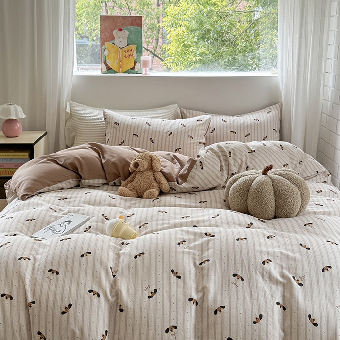 91家纺网 家纺一手货源 找家纺 2025新款全棉有氧双层纱四件套-卡通系列 条纹小狗