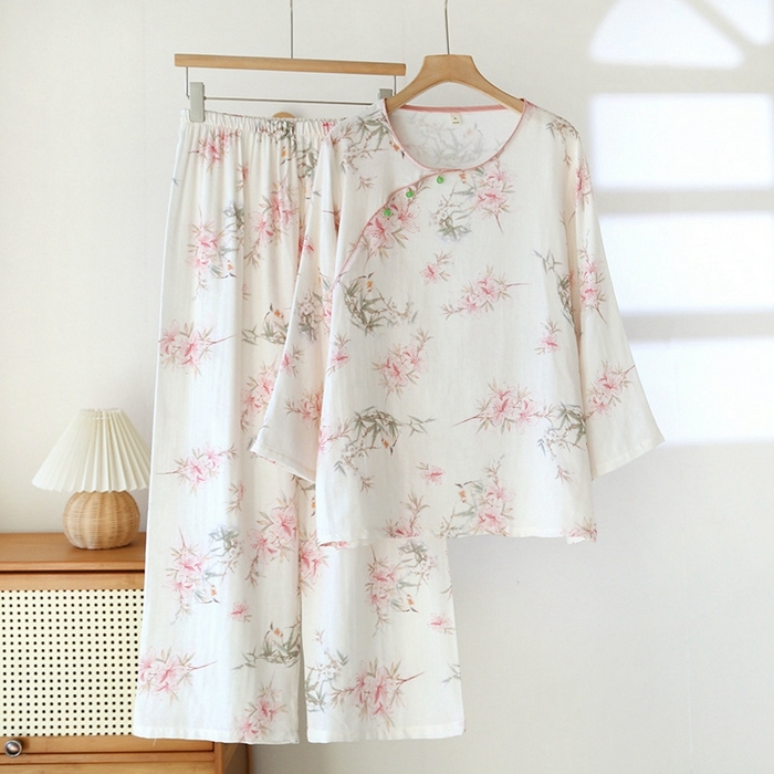 91家纺网 家纺一手货源 找家纺 洛兰沙家居馆【只代发】【只代发】 2025新款国风竹纤维鸟语花香春夏女睡衣大码长袖长裤自带凉感休闲套装 ls1310