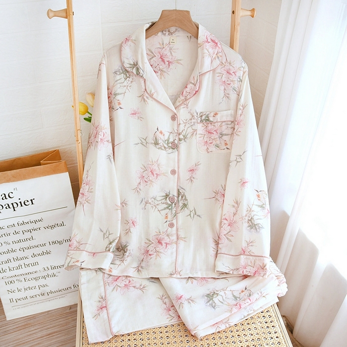 91家纺网 家纺一手货源 找家纺 洛兰沙家居馆【只代发】【只代发】 2025新款国风竹纤维鸟语花香春夏女睡衣大码长袖长裤自带凉感休闲套装 ls1309