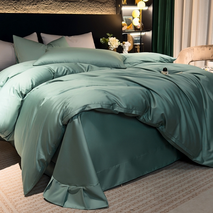 91家纺网 家纺一手货源 找家纺 氧家2025新款60支全棉贡缎纯色四件套 松石绿