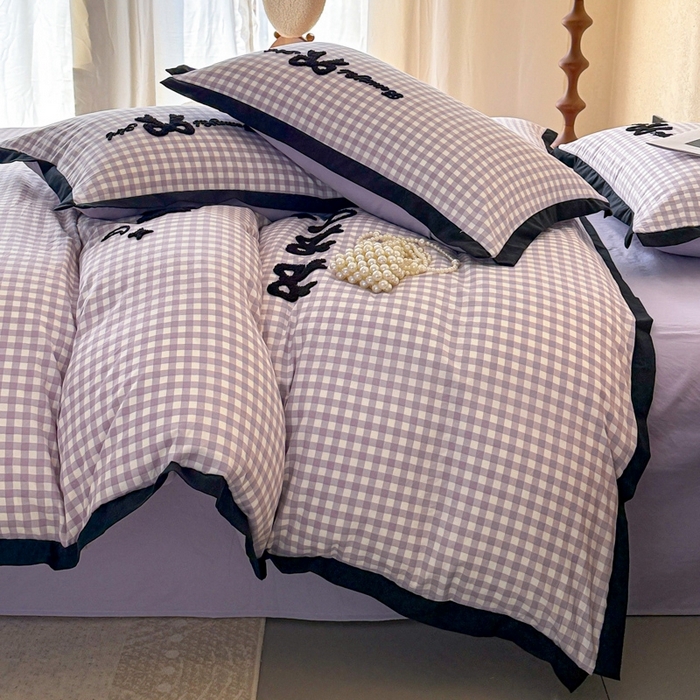 91家纺网 家纺一手货源 找家纺 米可2025新款水洗棉绣花花边款四件套 蝴蝶结-紫