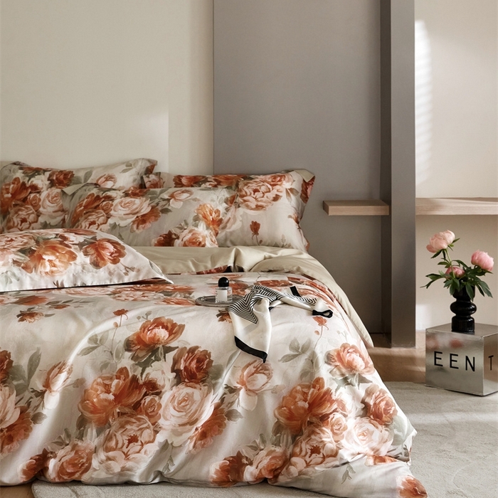 91家纺网 家纺一手货源 找家纺 金奇达2025新款【艺术花卉】-茧养莱赛尔四件套（标准号全网控价（折后券后）不低于228元） 妮缇-咖