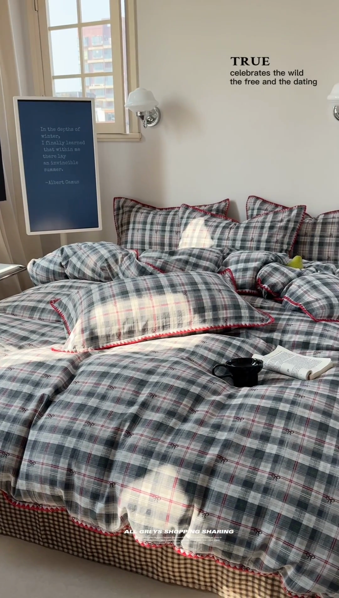 91家纺网 家纺一手货源 找家纺 金丝鸟家纺 2025新款全棉双层纱贝壳边四件套格子系列 黑格尔