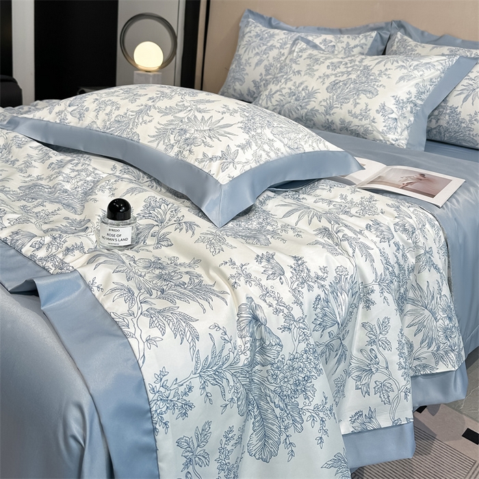 91家纺网 家纺一手货源 找家纺 笙意家纺 2025新款水洗冰丝数码印花拼角宽边夏被 初语