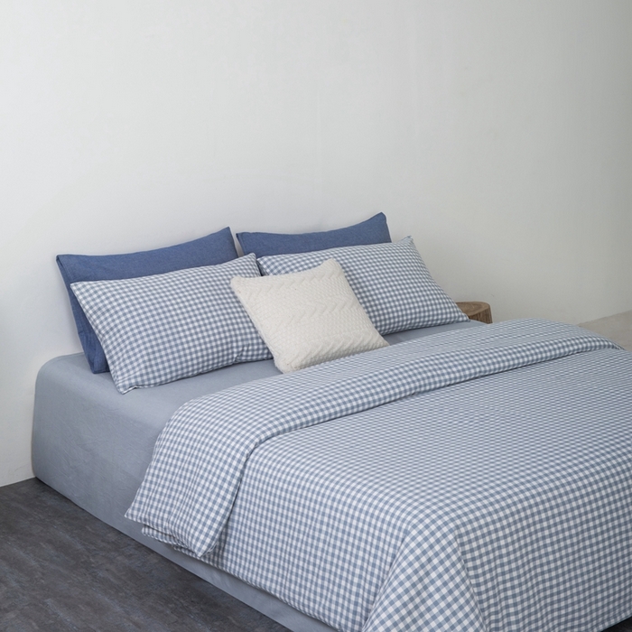 91家纺网 家纺一手货源 找家纺 玖弘家居 2025新款水洗棉单被套 浅蓝小格