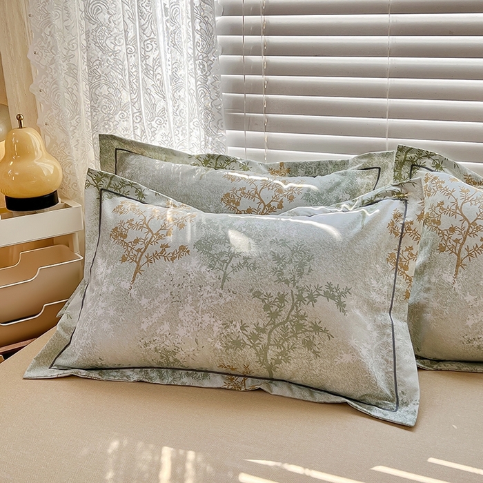 91家纺网 家纺一手货源 找家纺 简约家纺 2025新款全棉磨毛印花单品枕套 沁语繁花-绿